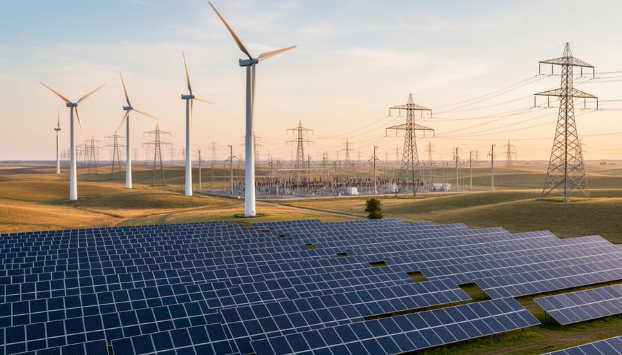 Electrical substation equipment and transmission towers showing grid infrastructure