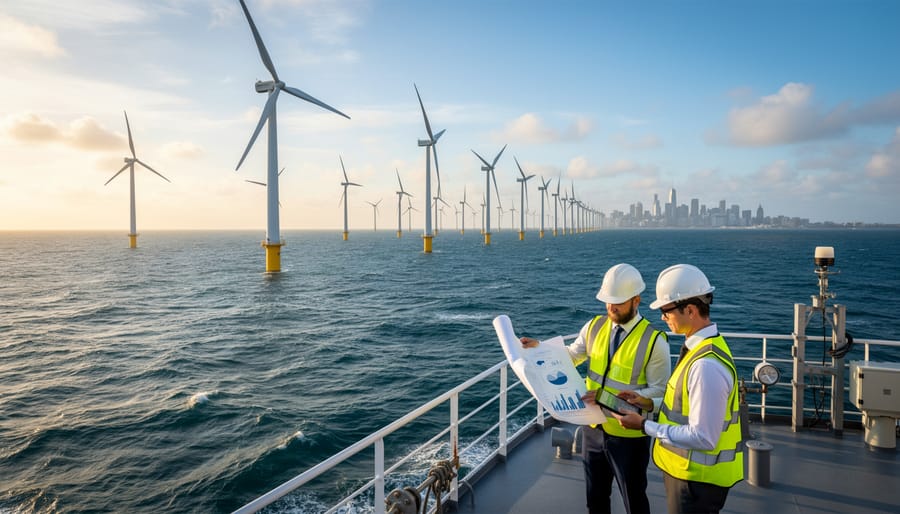 Aerial view of offshore wind turbines in ocean waters near coastal area