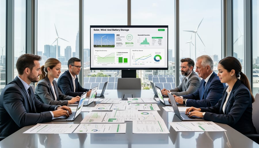 Business professionals reviewing renewable energy investment documents in modern office