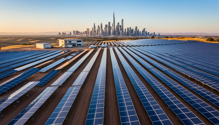 Expansive solar farm with rows of photovoltaic panels under sunny sky