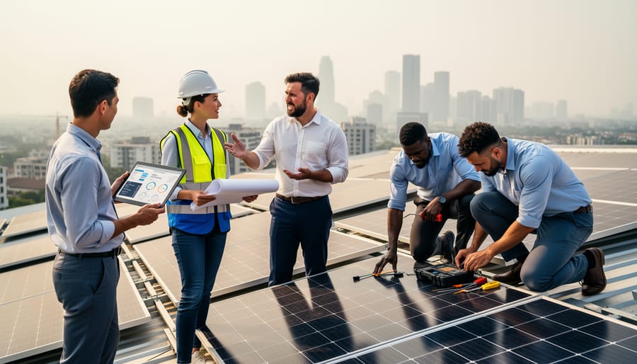 Diverse engineers in hard hats review documents beside a rooftop solar array on an industrial building