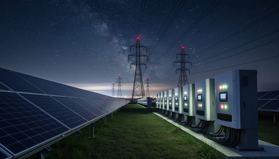 Night view of a solar farm with glowing inverter equipment and illuminated transmission towers