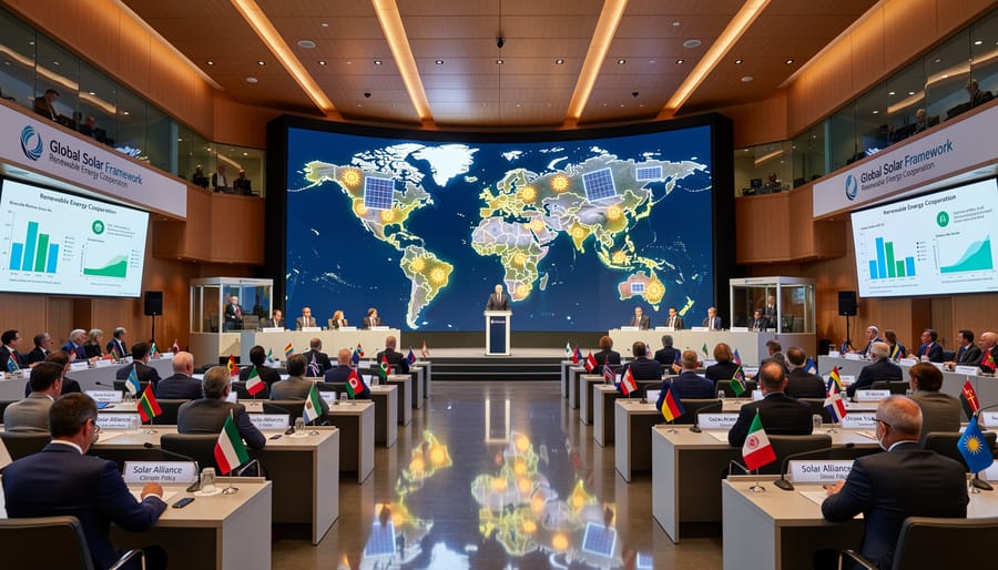 Wide shot of a modern international conference building courtyard with flags blurred in the background