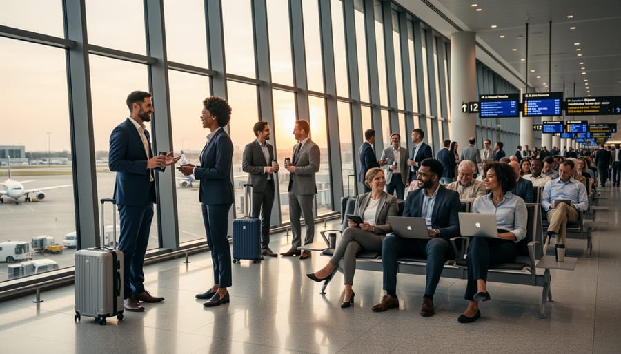 International wind energy professionals talk animatedly in a hotel or shuttle setting with blurred luggage and seating behind them.