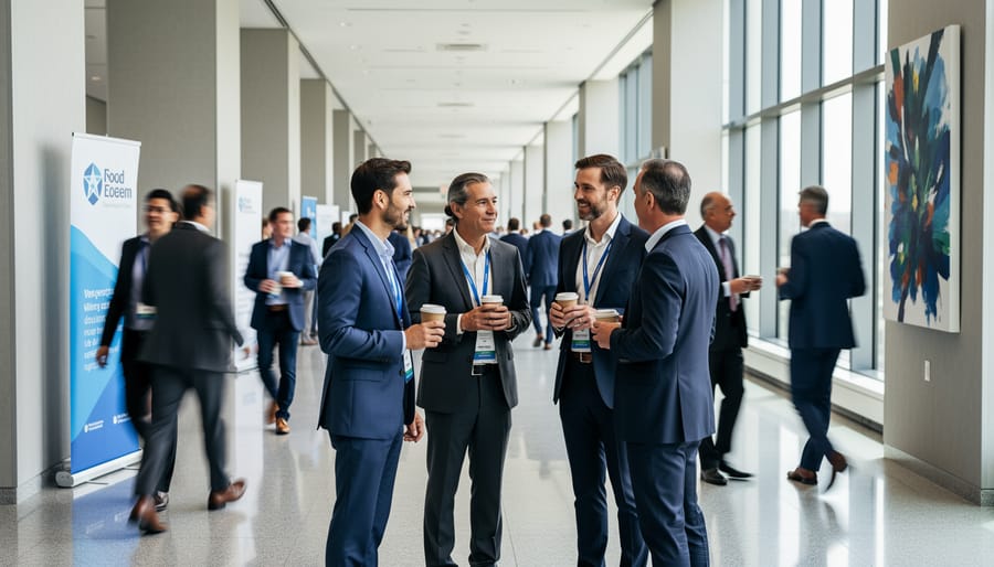 Two wind energy professionals talk near a conference coffee station with blurred booths in the background.