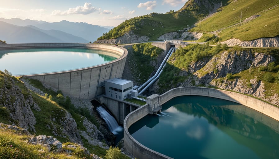 A pumped-hydro dam and reservoir with flowing water and surrounding hills during golden hour.