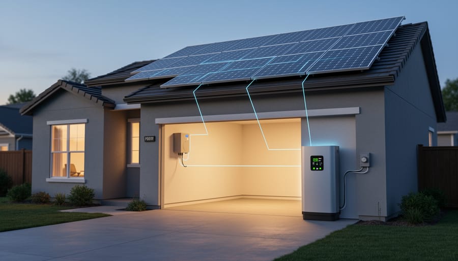 Residential solar panels and a nearby battery storage cabinet during blue hour.