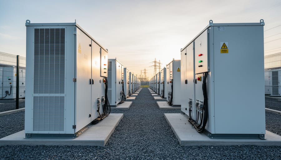Outdoor utility-scale lithium-ion battery racks with cooling vents and surrounding substation equipment in the background.