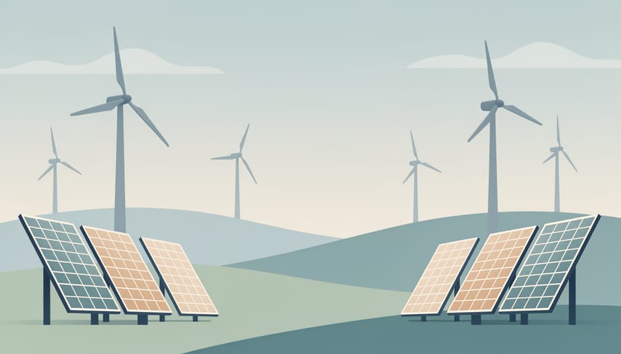 Solar panels and wind turbines visible together from a grassy field at golden hour.
