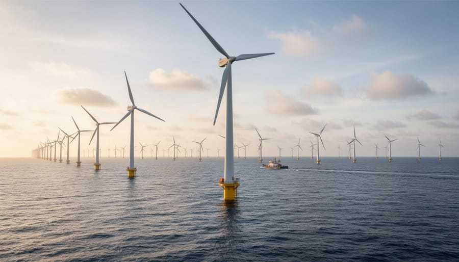 Offshore wind turbines in the sea with blades sharply visible against an overcast sky.