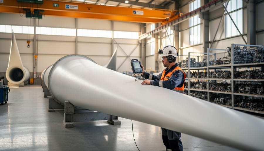 Technicians inspecting a fiberglass wind turbine blade inside an industrial manufacturing facility.