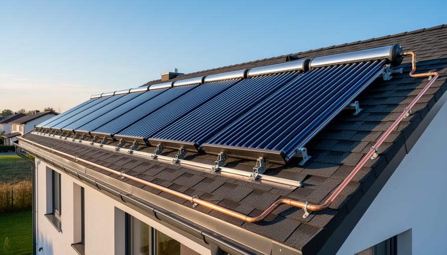 Rooftop solar hot water collectors mounted with rail hardware on a residential home.