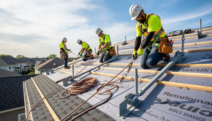 Technician wearing a fall-arrest harness near a roof-mounted solar hot water installation with safety lanyard.