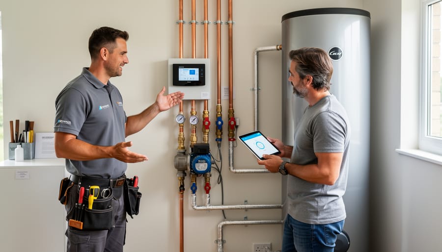 Installer and homeowner standing in a utility room reviewing solar hot water components and controls.